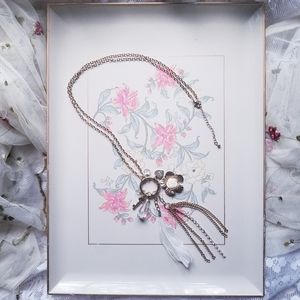 Long Charm Ring Necklace Goldtone Chains + Flowers